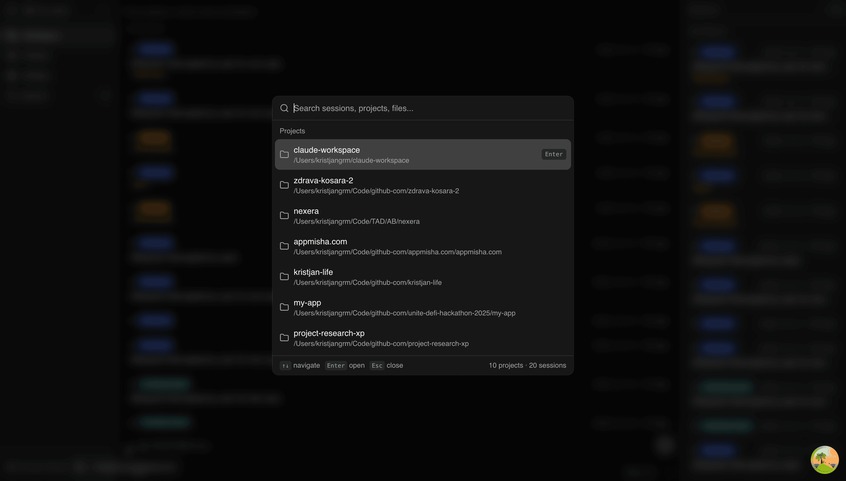 Command palette — quick access to all workspace actions
