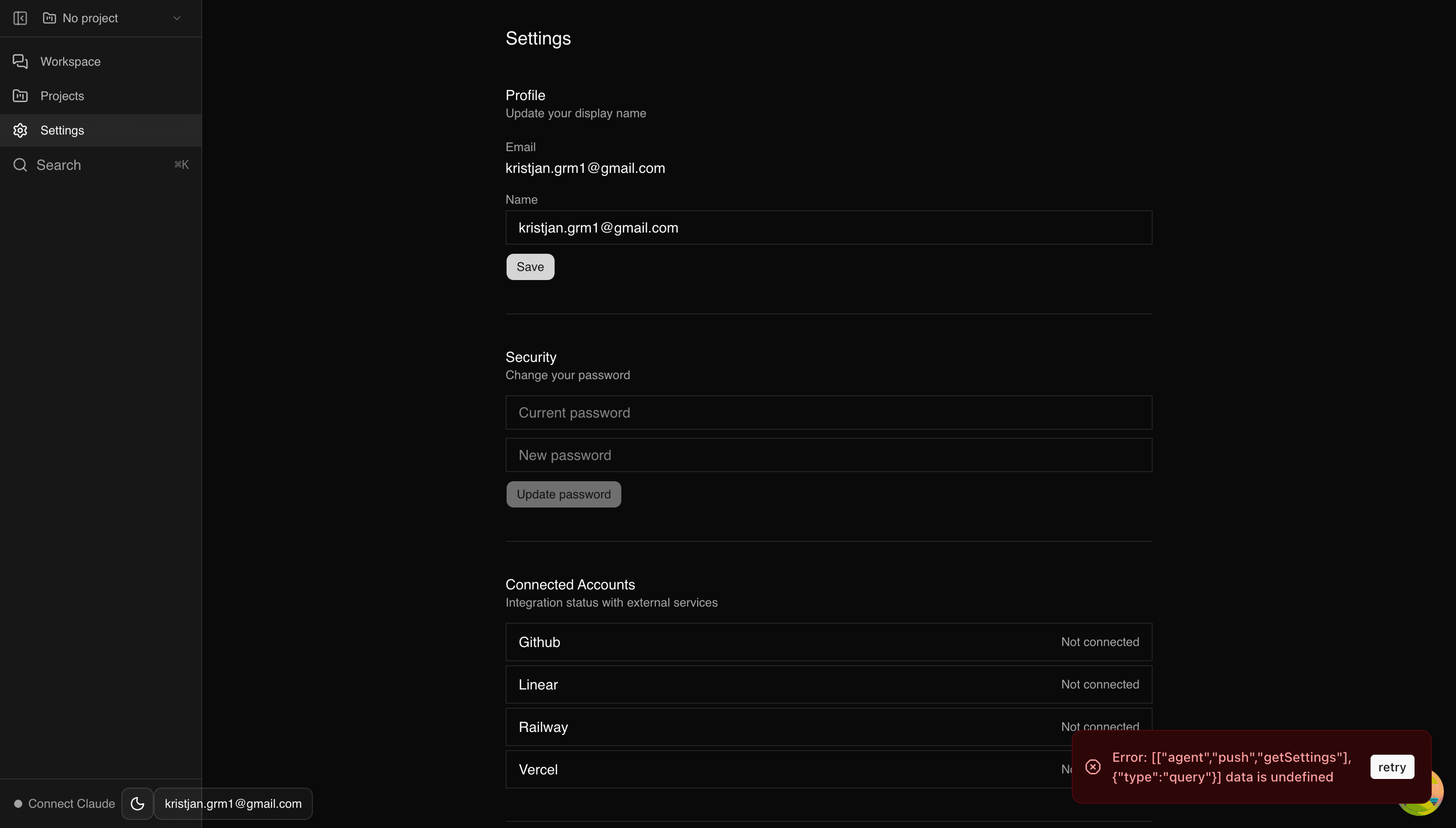 Settings — configure integrations, API keys, and agent behavior