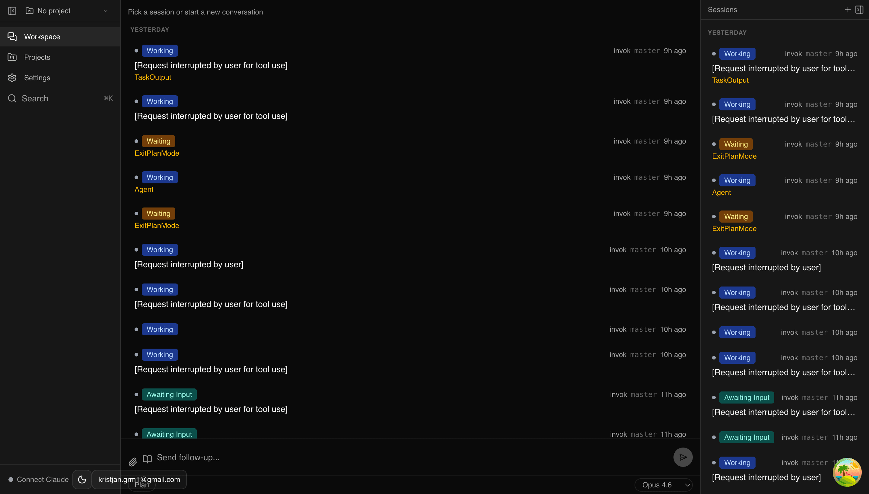 Session history — browse past agent runs with status and outputs